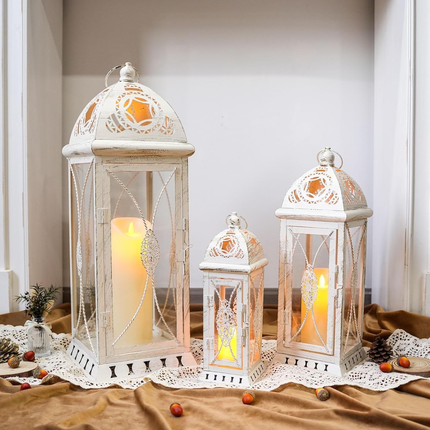 Beige Gold Lantern Set of 3 Vintage Metal Candle Holders