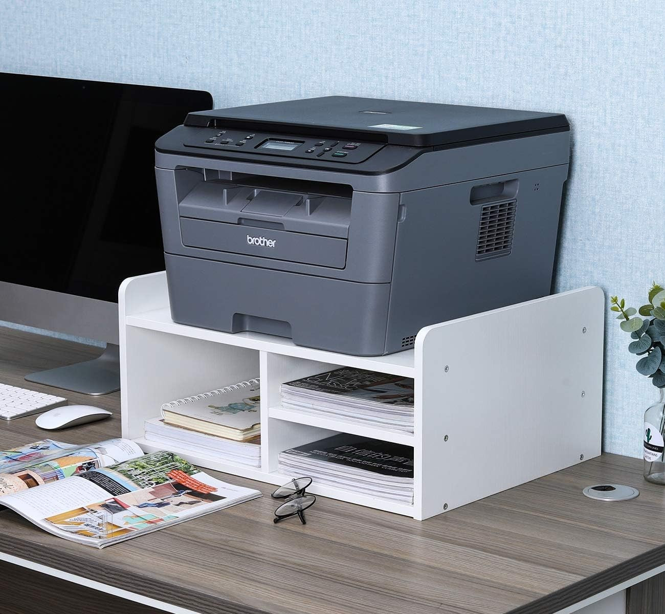 2-Tier Desktop Printer Stand Wood Office Desk Shelf A4 Paper Organiser