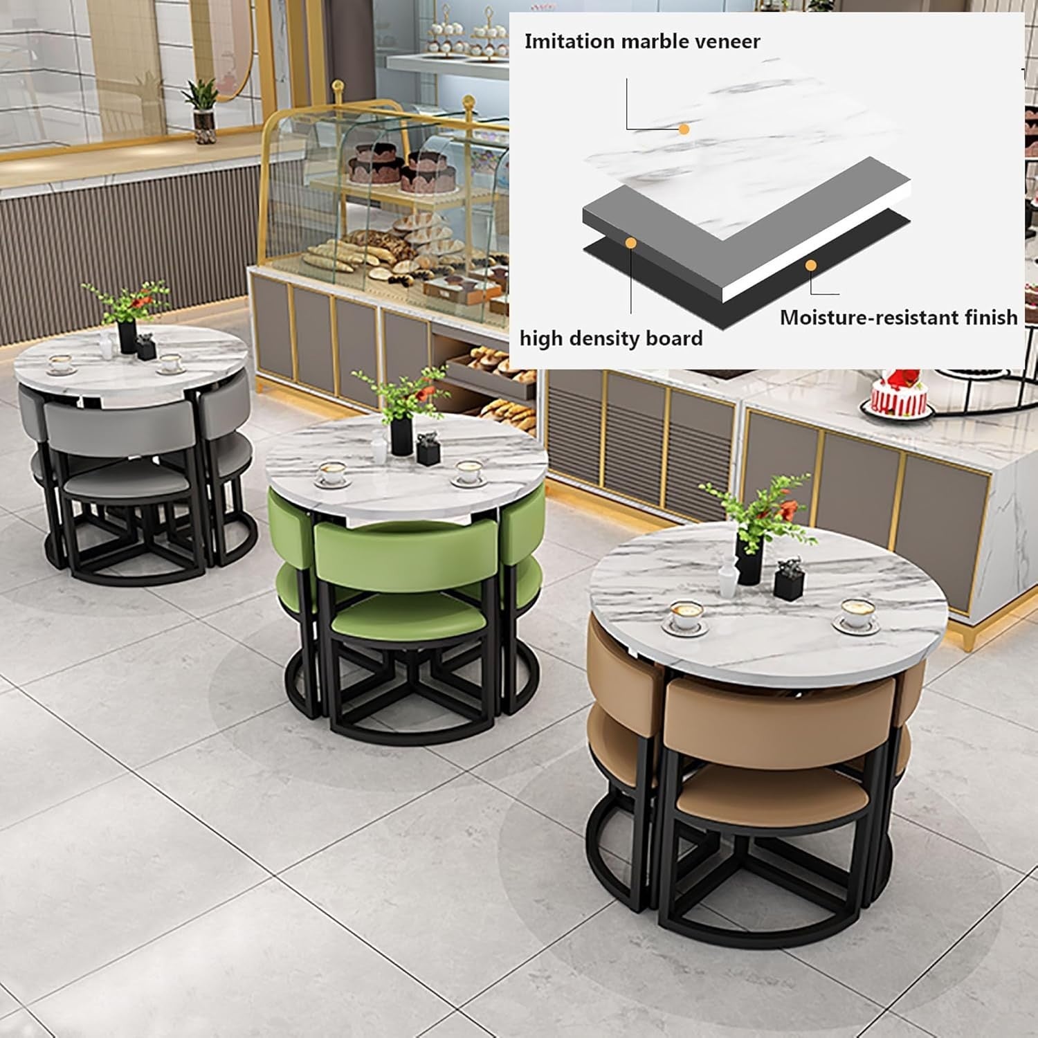 Round Office Meeting Table Set – 80cm Compact Desk with 4 Leather Chairs