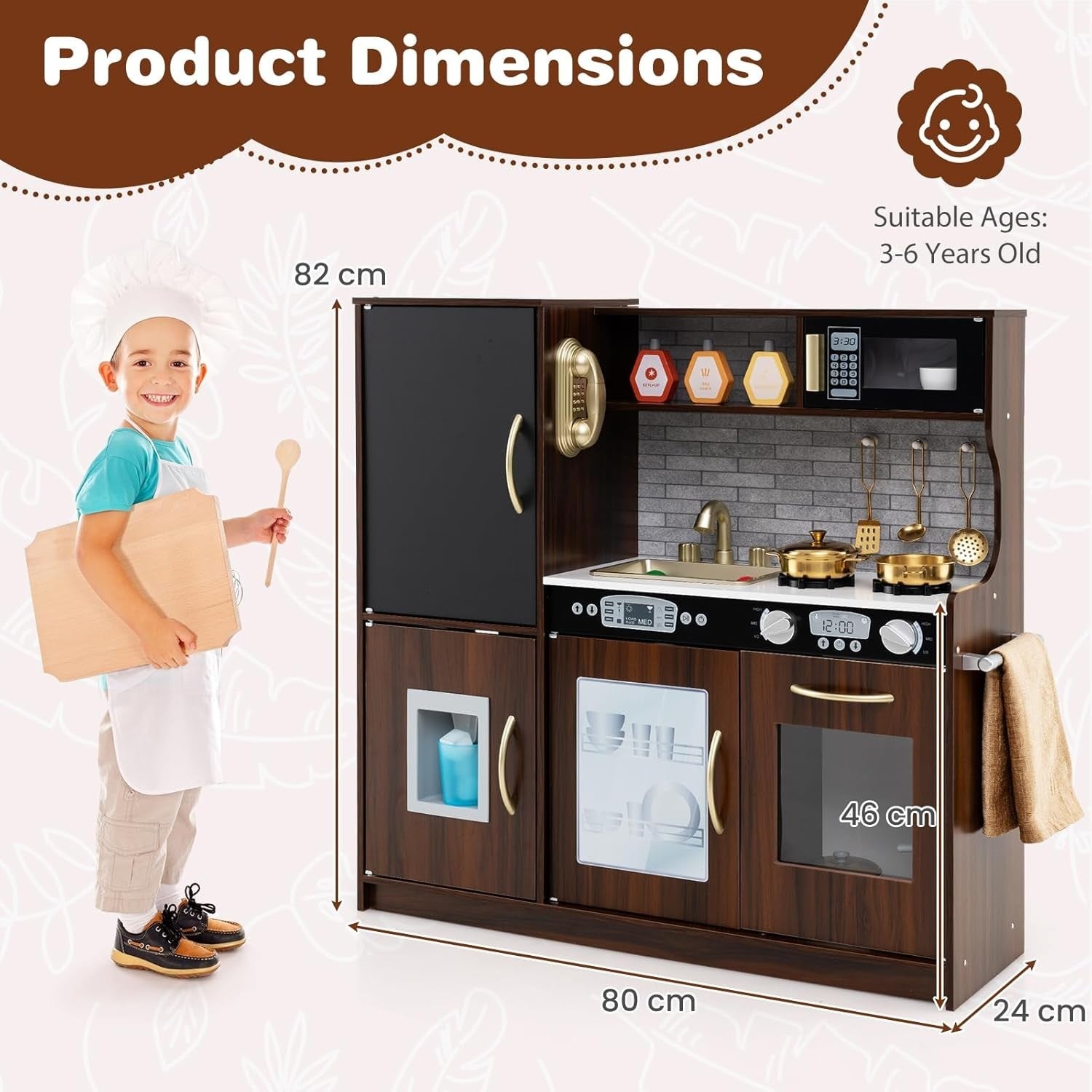 Wooden Kids Play Kitchen Coffee w/ Chalkboard Ice Maker Microwave