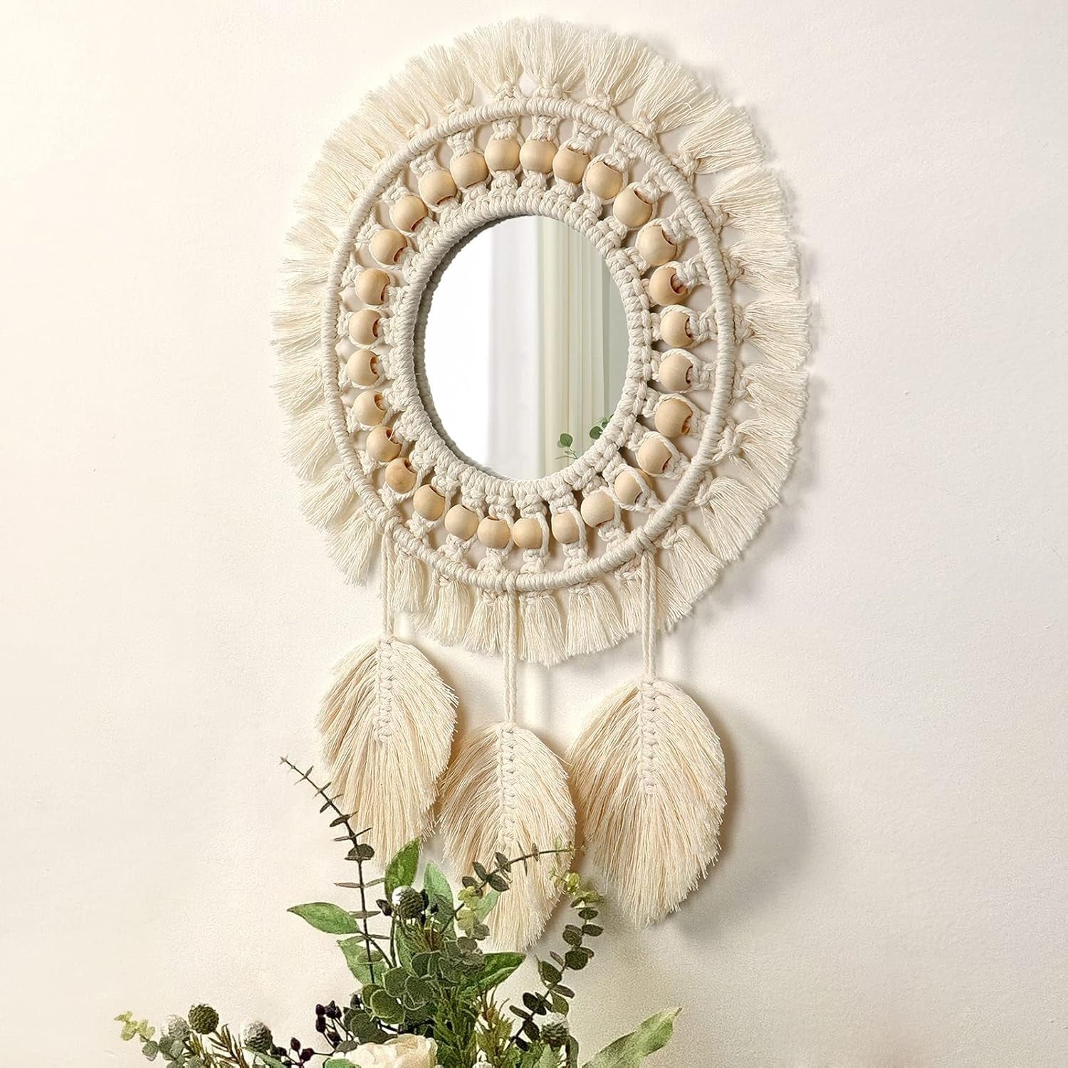 Boho Macrame Wall Mirror 13" Round Cotton Fringe Mirror Decor