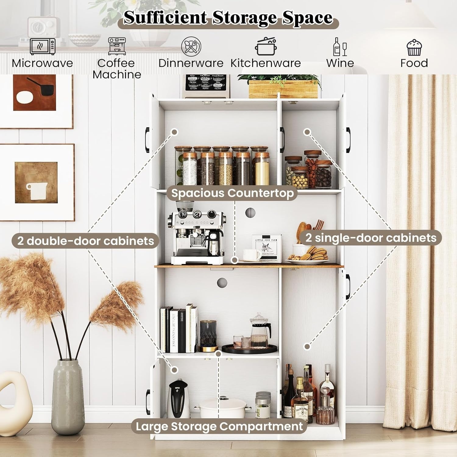 180cm Tall Kitchen Storage Cabinet 6-Door Pantry White | Built-in Outlet