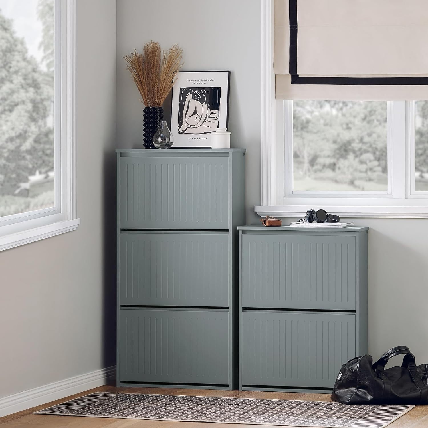 Tall Slim Shoe Cabinet with 3 Flip Drawers – Grey Hallway Storage Unit