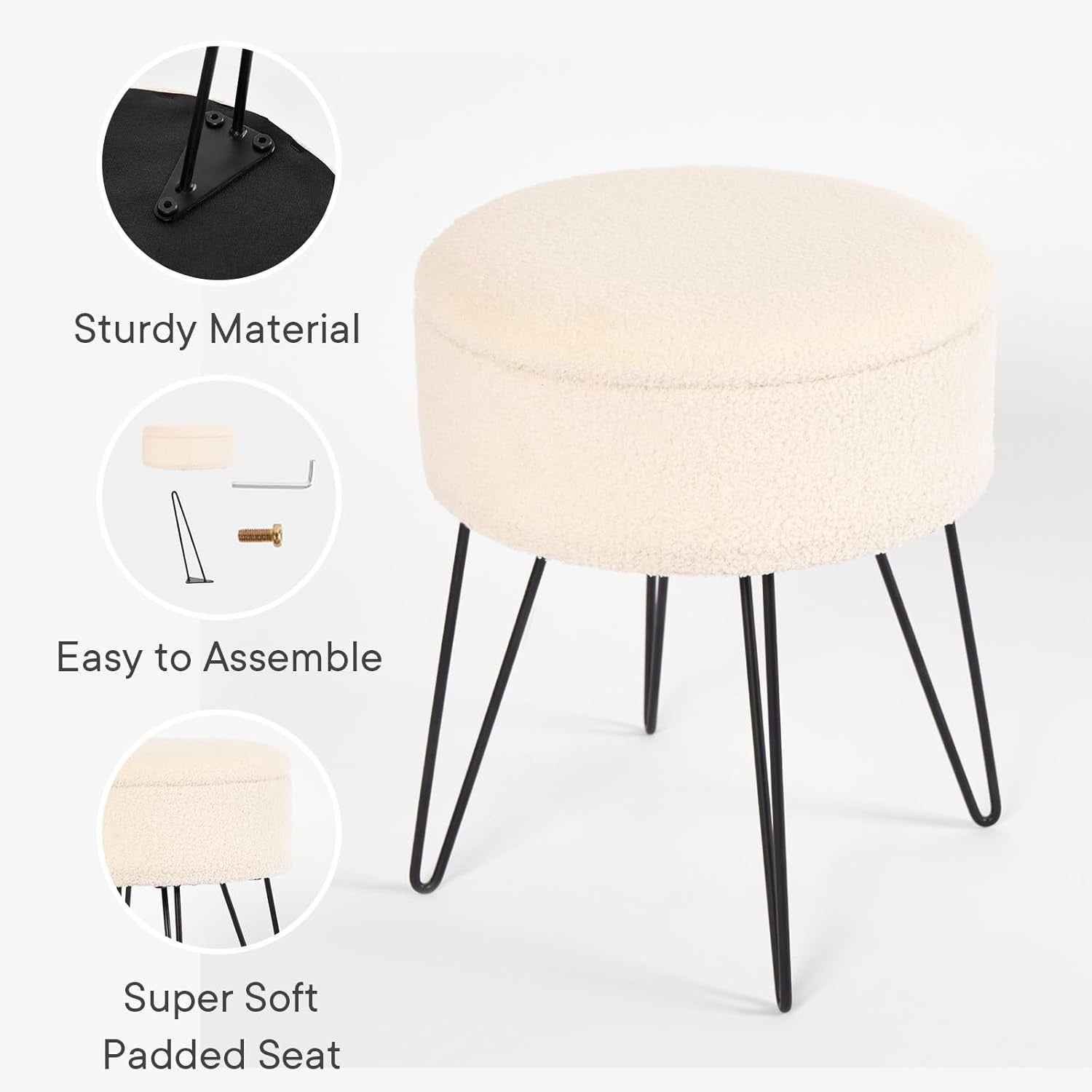 Cream Bouclé Storage Footstool Round Vanity Stool Hairpin Leg Ottoman