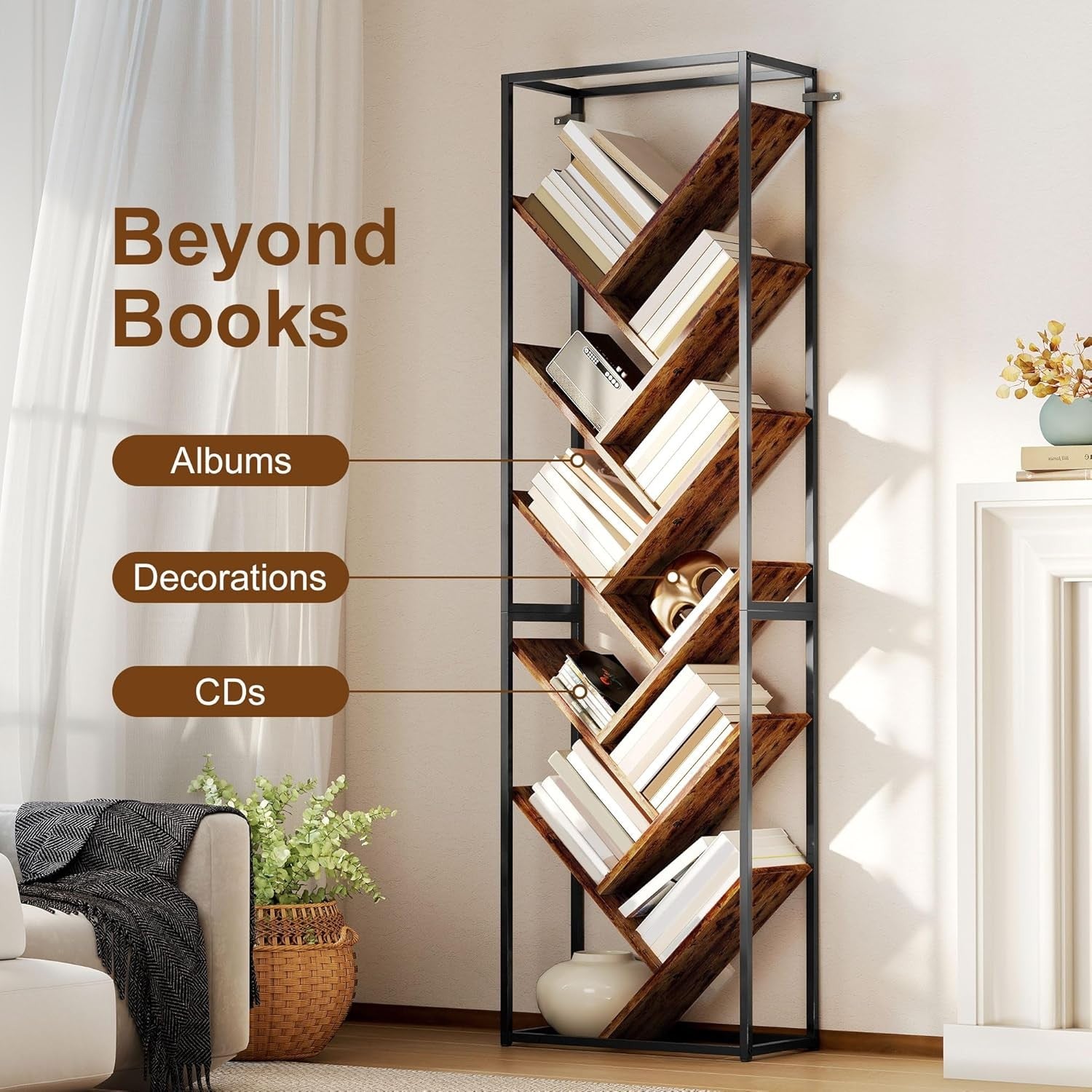 10-Tier Tree Bookshelf Industrial Tall Display Storage Unit for Living Room Offi