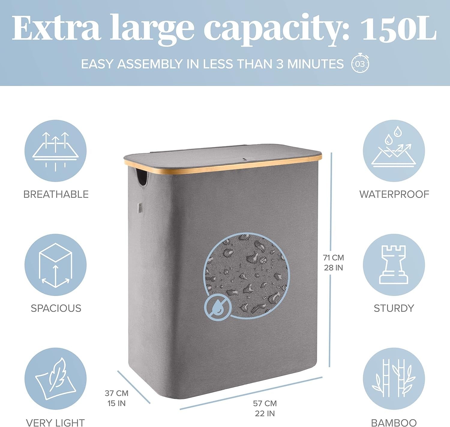 150L Double Laundry Basket with Lid & Bamboo Frame, Grey Hamper 57×37×71cm
