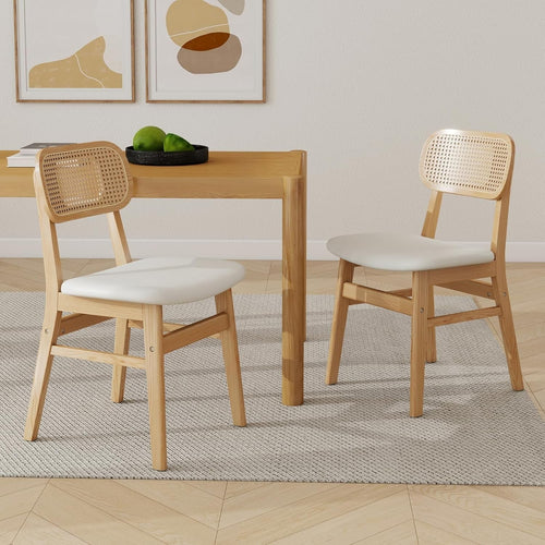 White PU Leather Dining Chairs Set of 2 Wooden Frame Rattan Back Kitchen