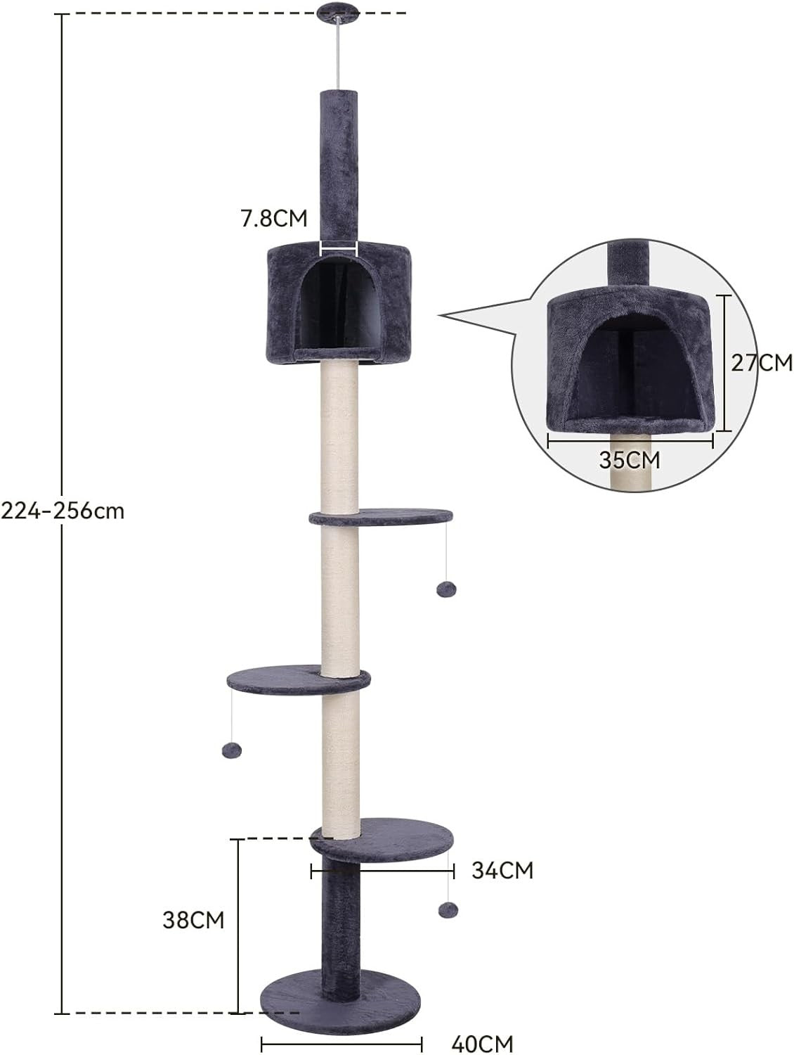 Floor to Ceiling Cat Tree 260cm Adjustable Tower Scratching Post
