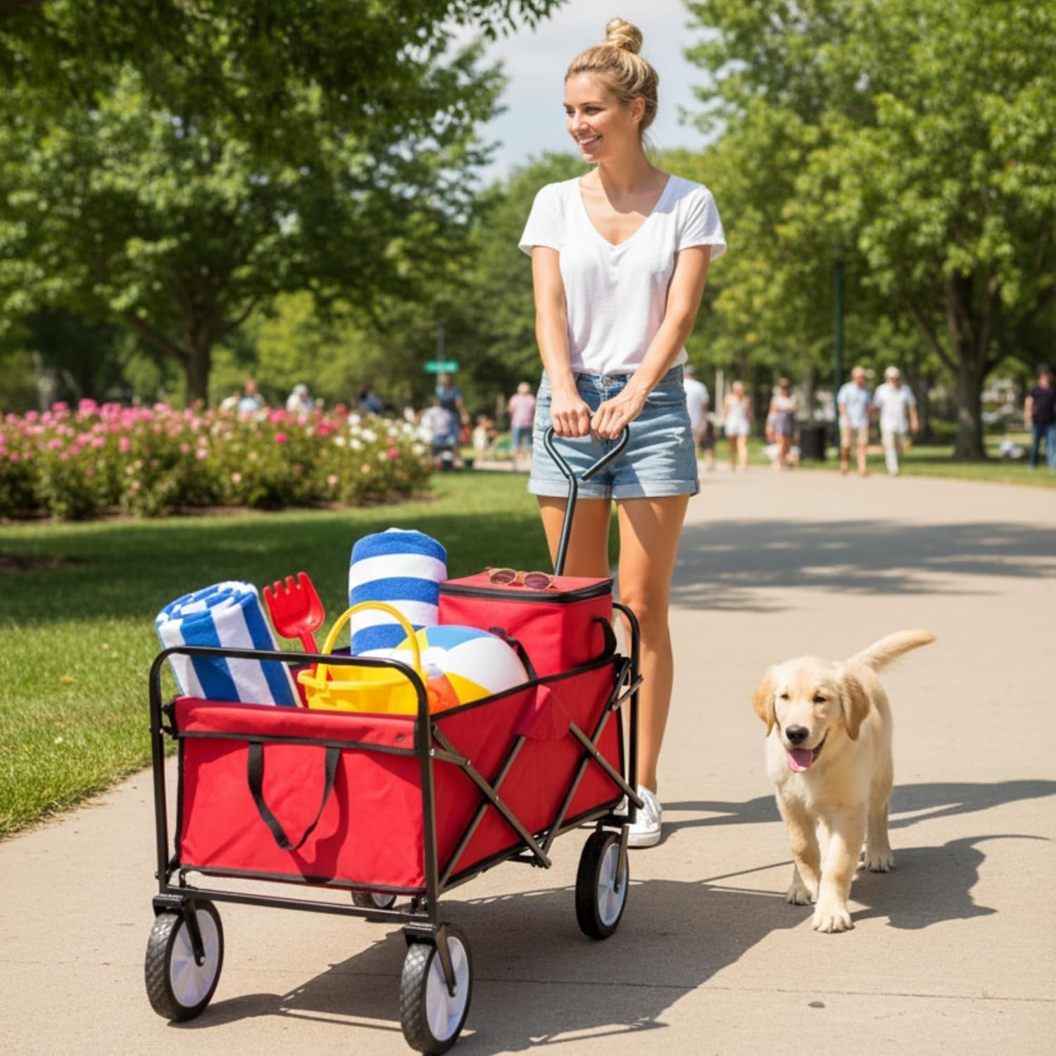 Heavy Duty Folding Wagon 70kg Collapsible Trolley Cart w/All Terrain Wheels Red