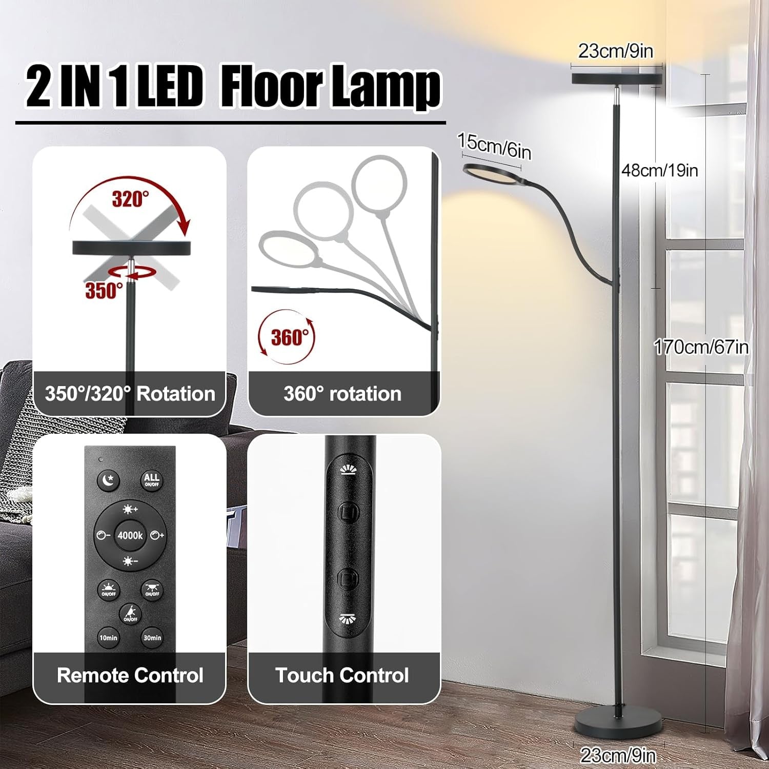 LED Floor Lamp 36W 3000LM Dimmable Torchier with Reading Light Remote