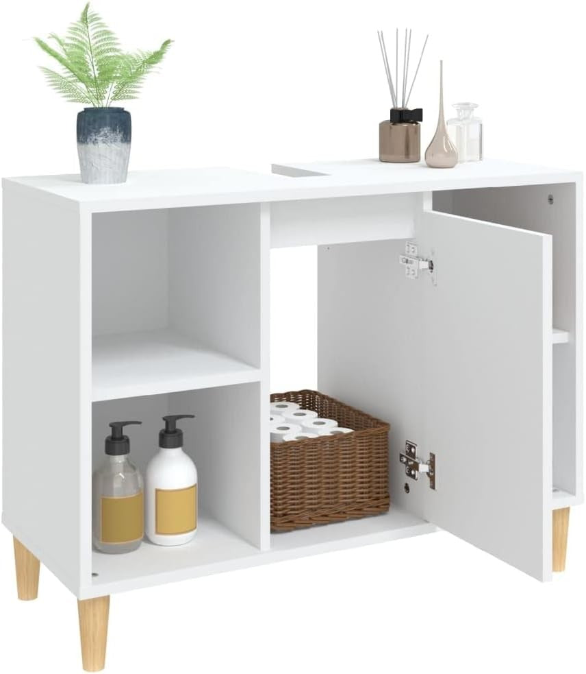 White Bathroom Sink Cabinet with Storage – Nordic Style Unit, Wooden Legs 80cm