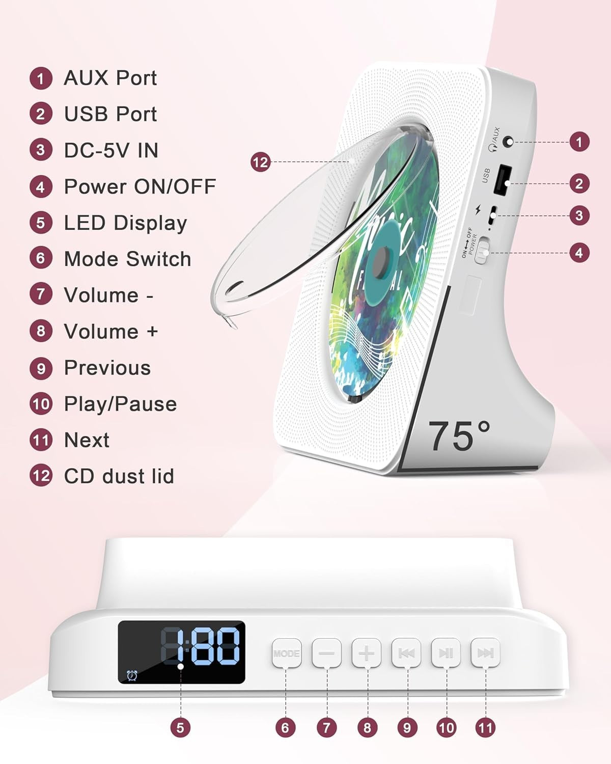 Bluetooth CD Player w Speakers FM Radio LCD Remote USB AUX White