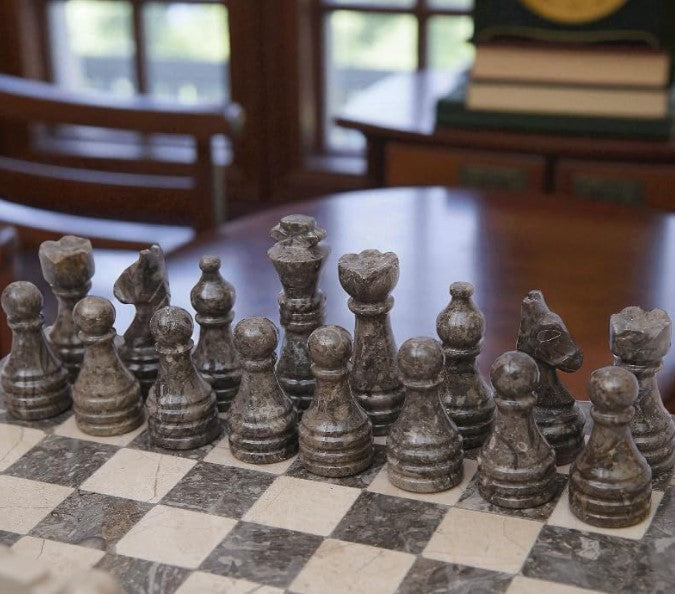 Luxury Marble Chess Set 10x10” Oceanic Grey Stone Board + Handcrafted Pieces
