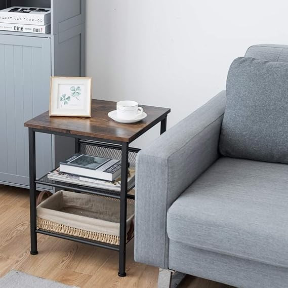 Industrial Side Table with Metal Mesh Shelves, Rustic 3 Tier Storage Stand