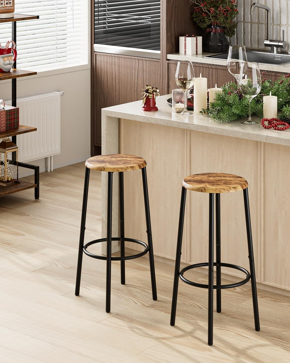 Set of 2 Rustic Brown Round Bar Stools Industrial Counter Footrest