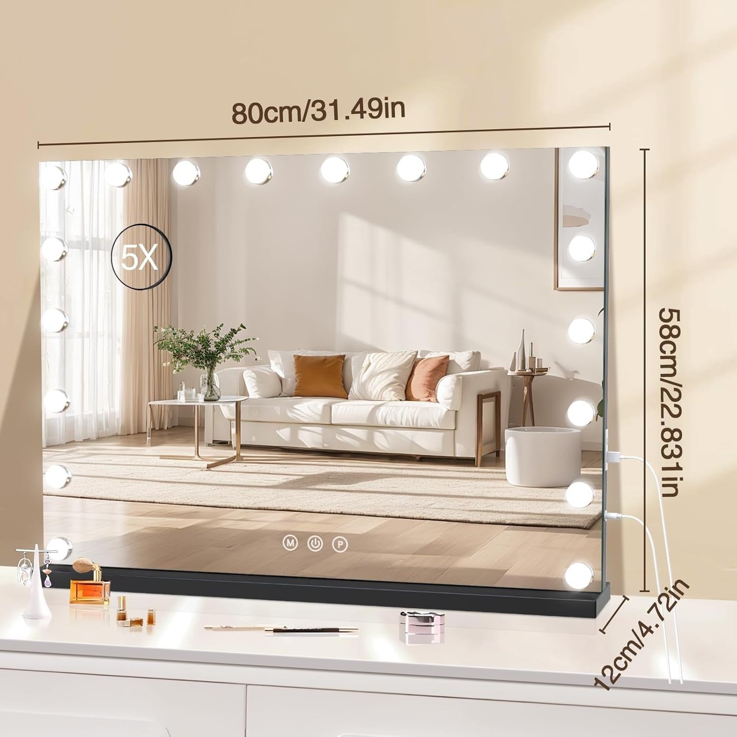 Vanity Makeup Mirror with LED Lights, USB Port, Smart Touch, 80x60cm