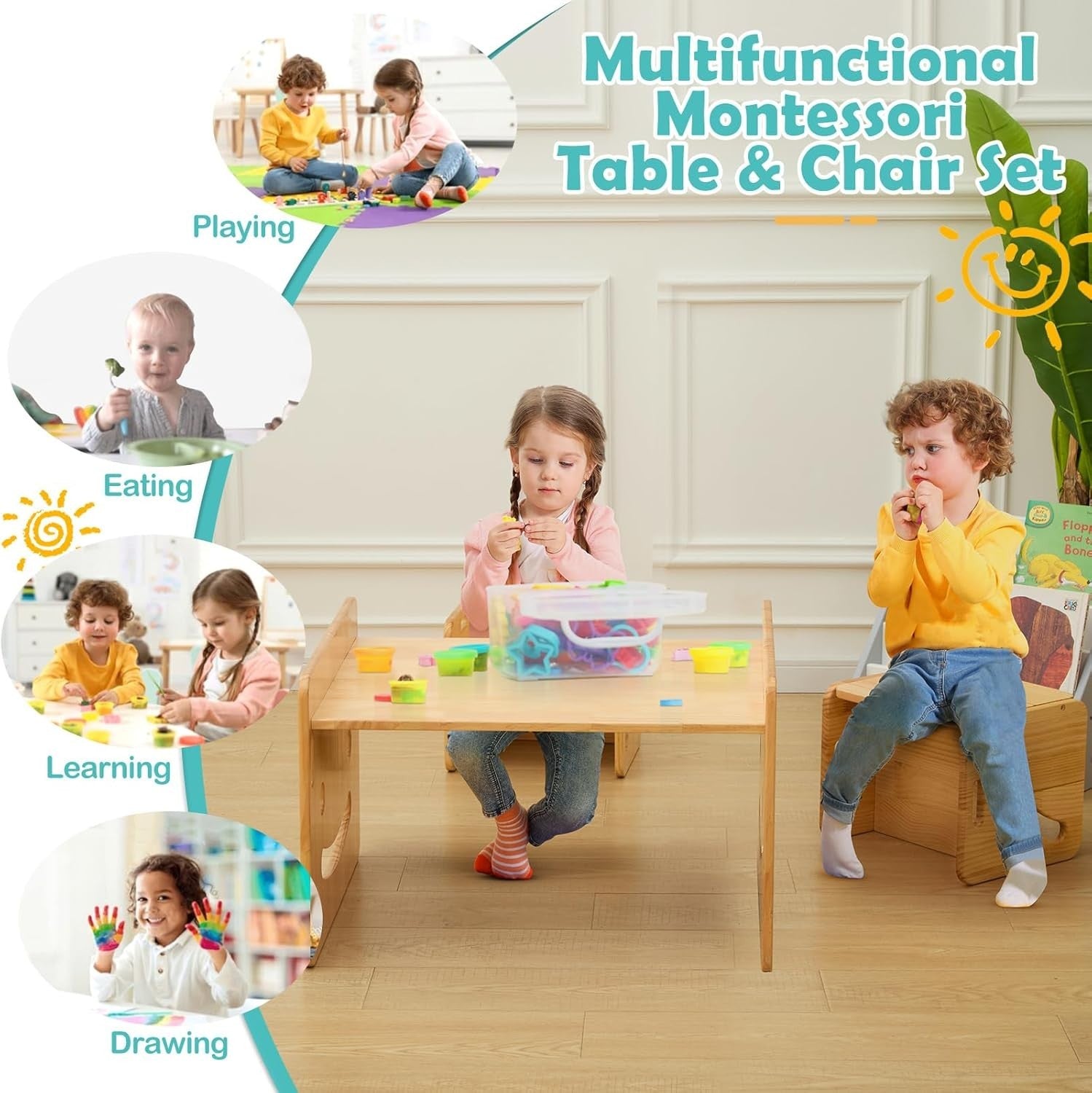 Adjustable Kids Table & Chairs Set Solid Wood Montessori Toddler Furniture