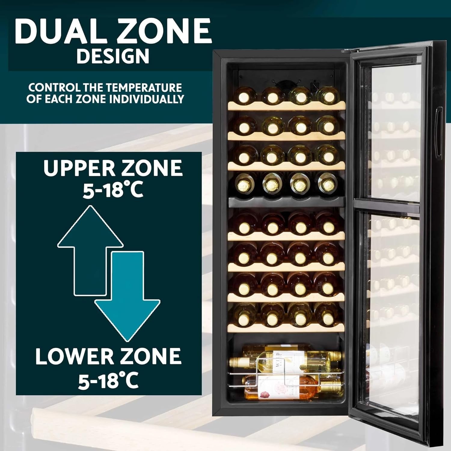 36 Bottle Dual Zone Wine Cooler Fridge Touch Screen LED Glass Door Black