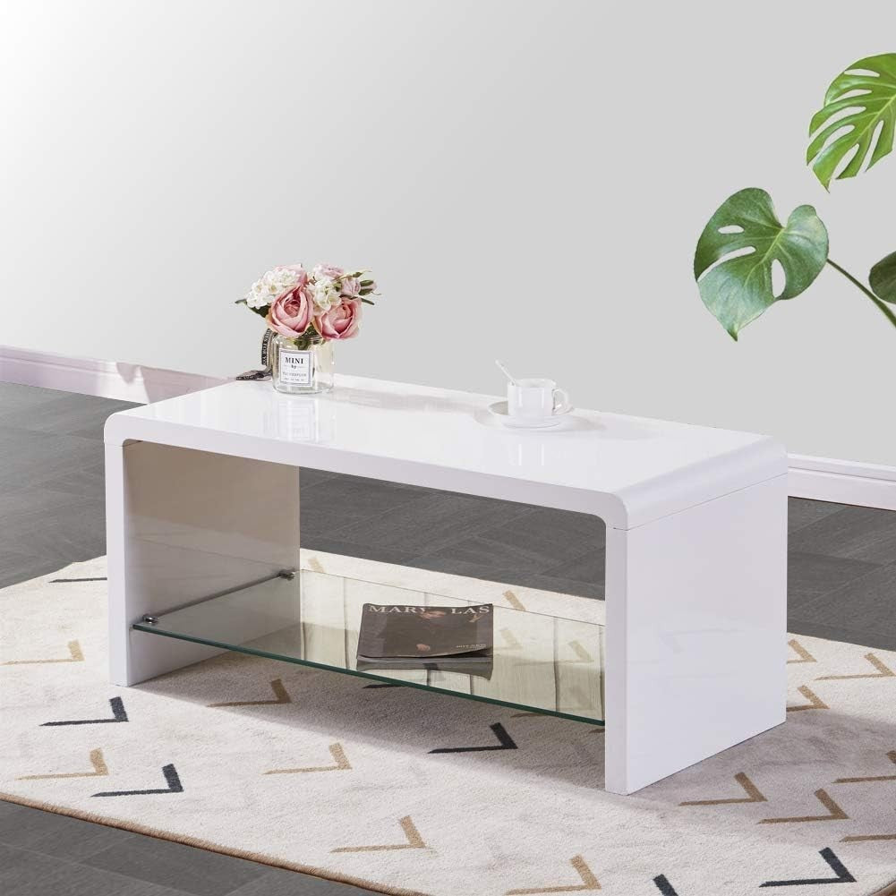 High Gloss White Coffee Table with Tempered Glass Storage Shelf 100x45x45cm