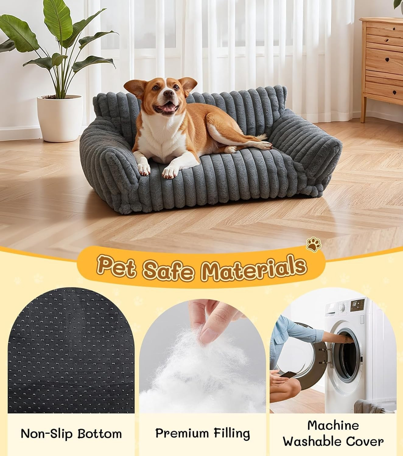 Fluffy Cat Dog Sofa Bed 91cm Calming Plush Pet Couch Washable Non Slip
