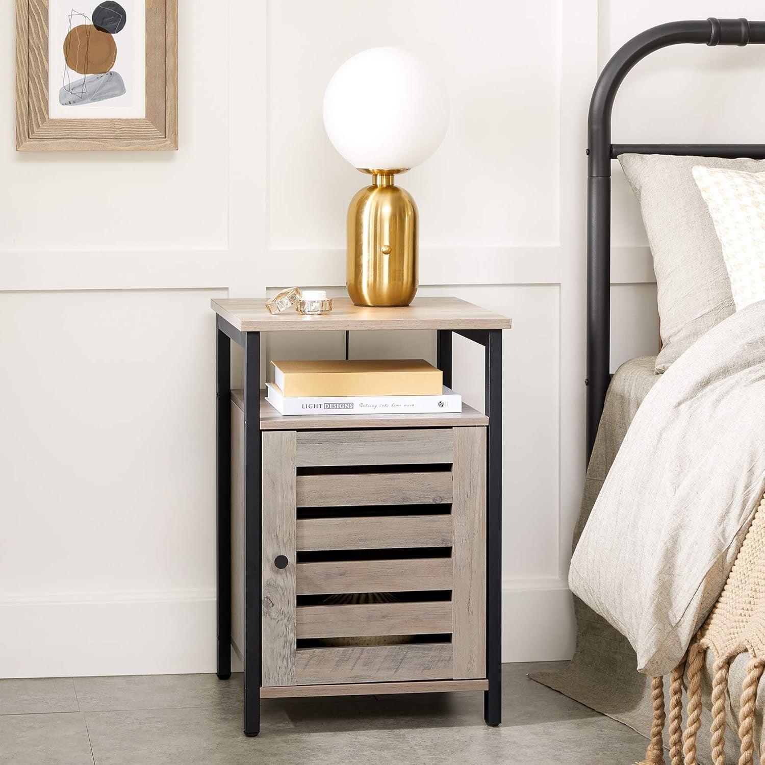 Greige Industrial Bedside Table with Adjustable Shelf & Slatted Drawer