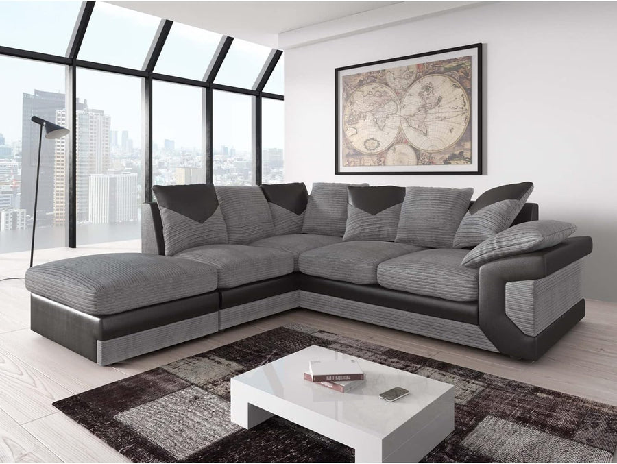 Large Corner Sofa 4-5 Seater with Free Footstool, L-Shape, Black Grey, Left