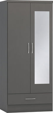 Grey 2 Door Mirror Wardrobe with Drawer – Modern Bedroom Storage Unit