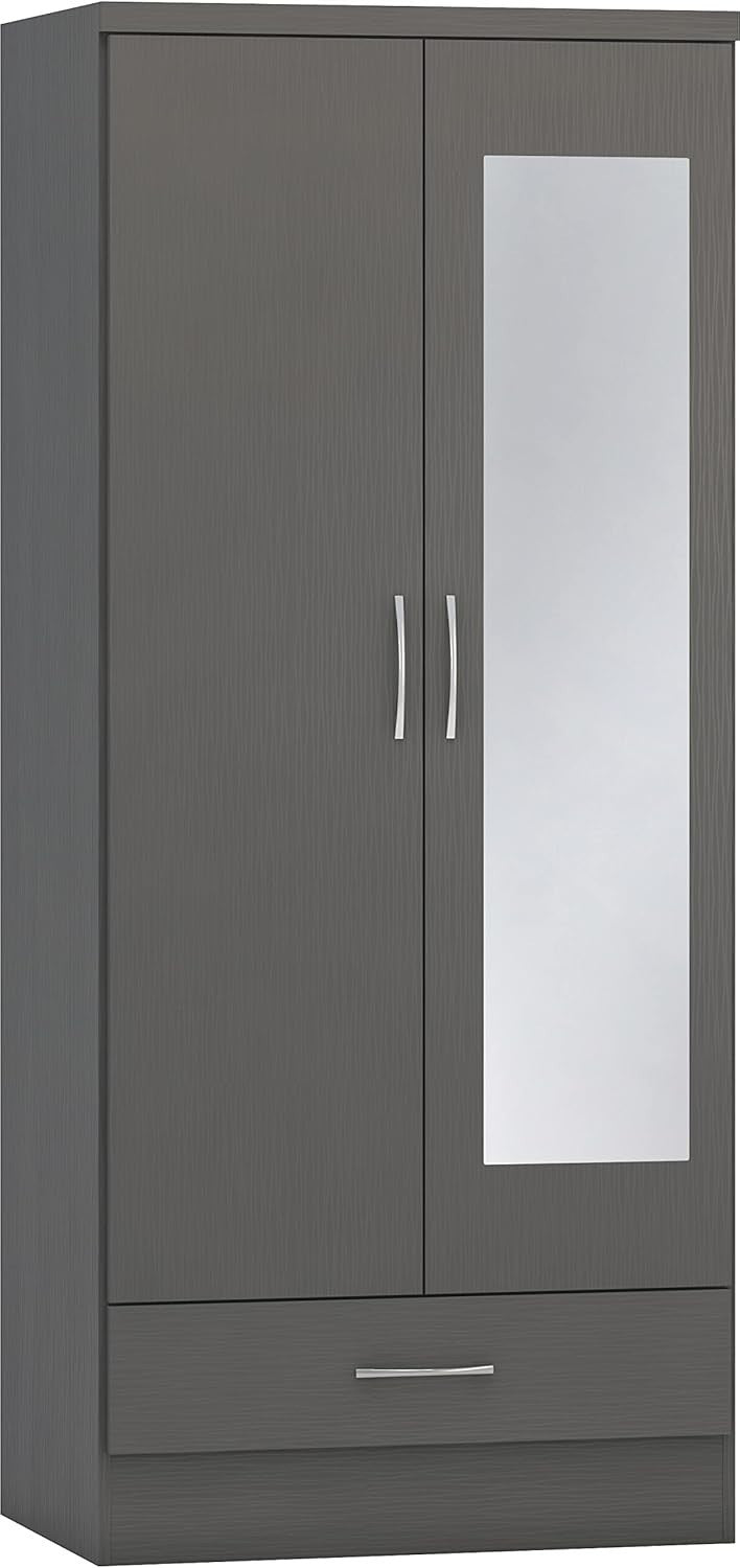 Grey 2 Door Mirror Wardrobe with Drawer – Modern Bedroom Storage Unit