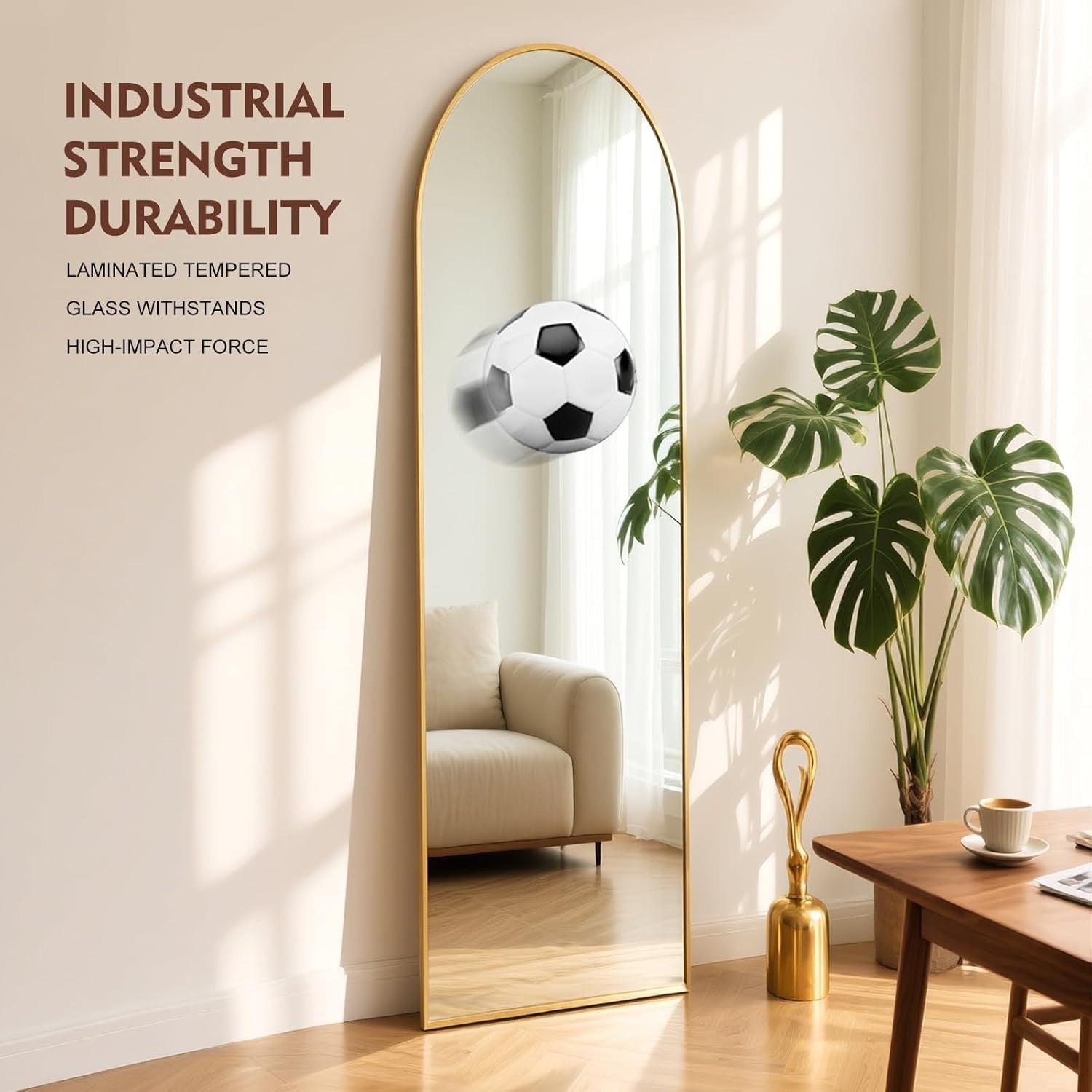 Full Length Arch Mirror 152x42cm Golden Frame Tempered Glass Free Standing