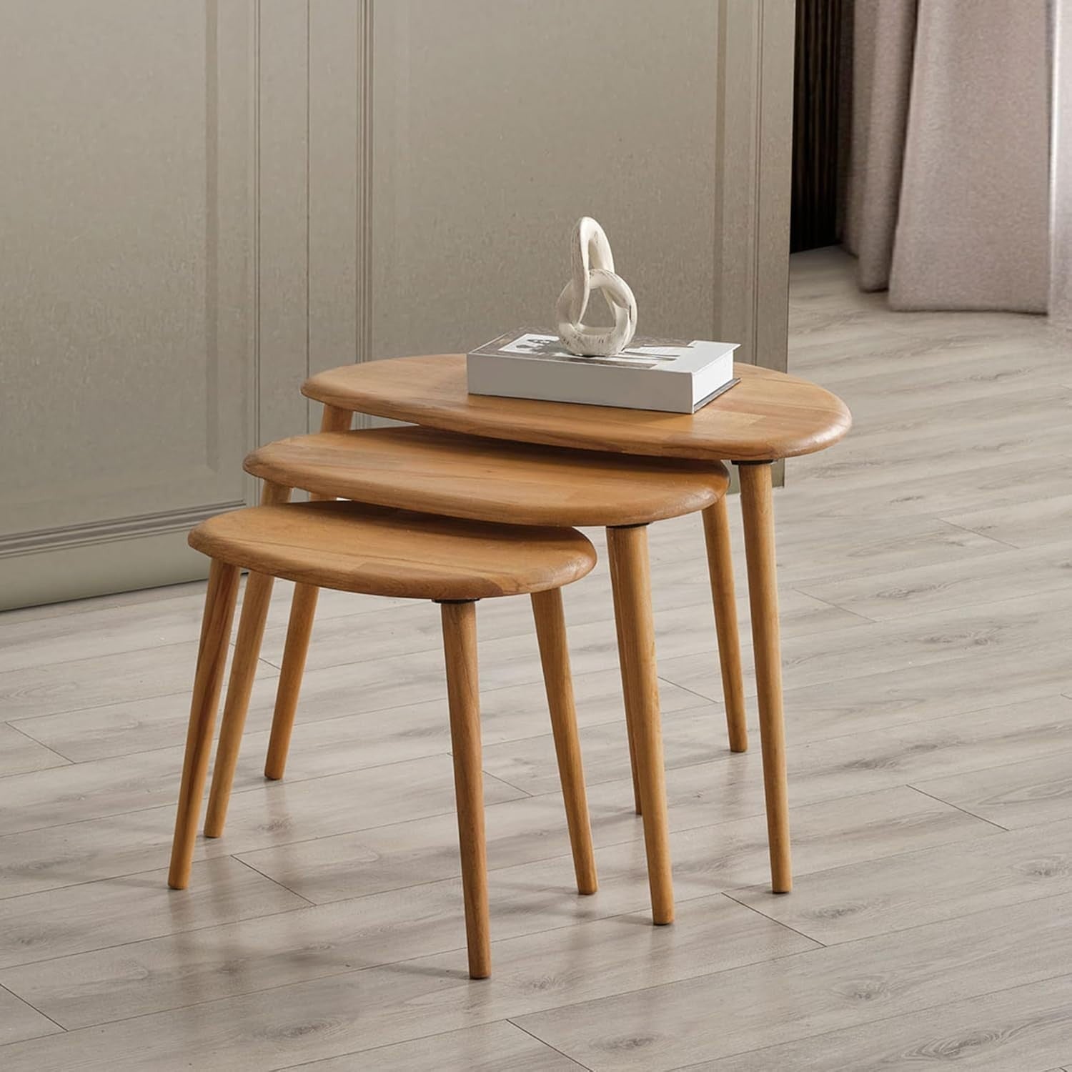 Oak Wood Nesting Coffee Table Set of 3 Mid-Century Modern Oval Living Room