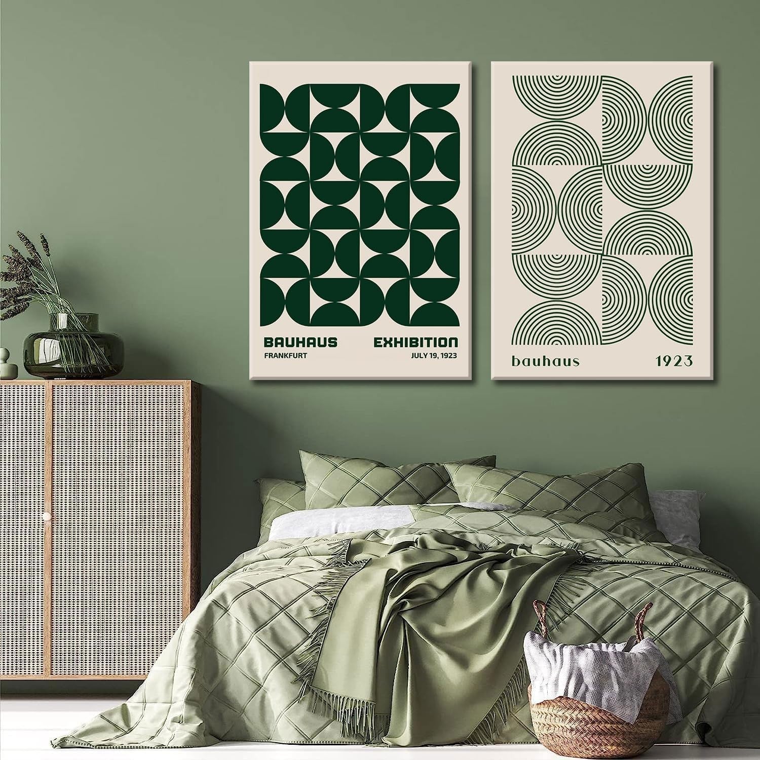 Bauhaus Wall Art Set of 2 Green Geometric Posters 16x24in