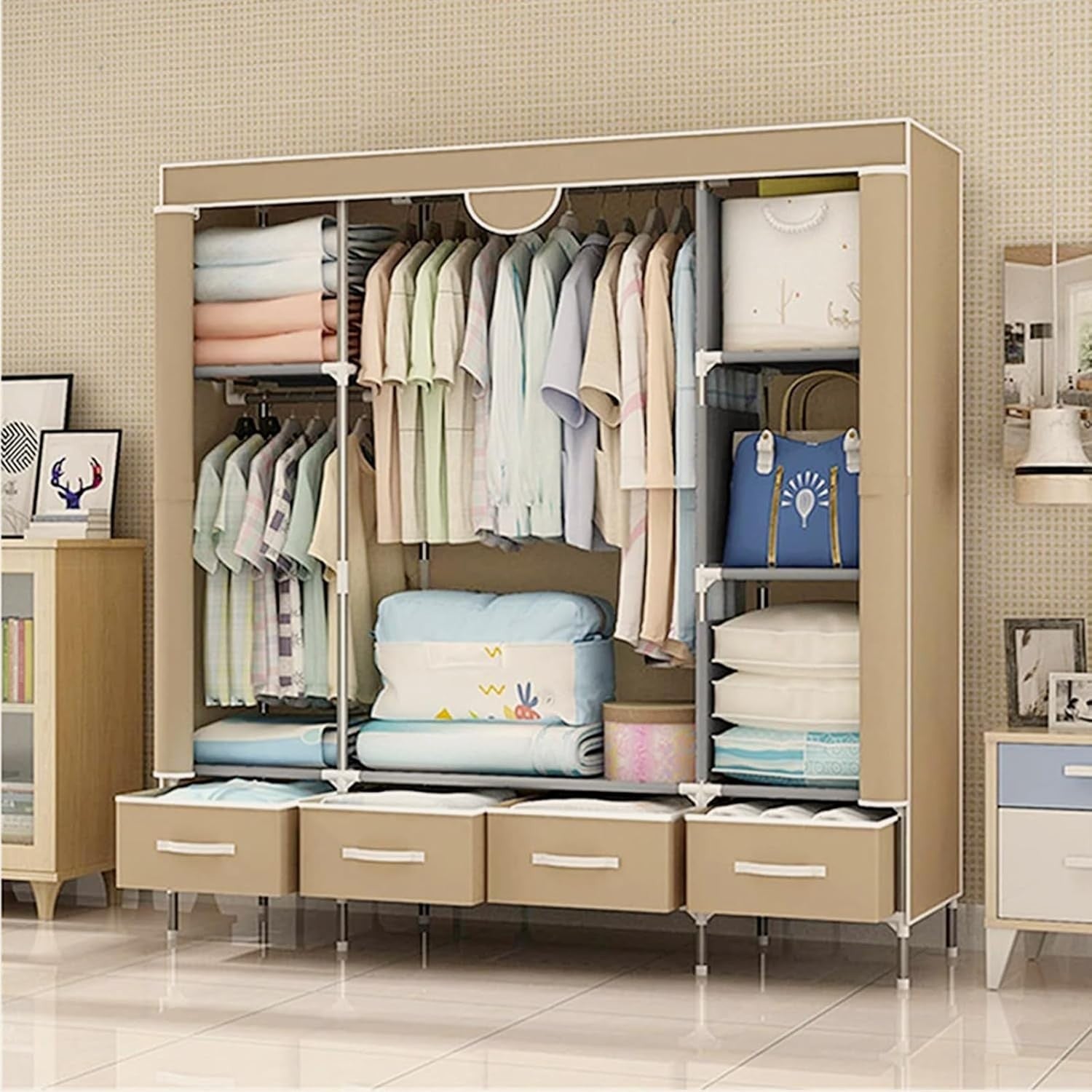 Canvas Wardrobe Storage with Drawers, Hanging Rail & Shelves – Durable, Space