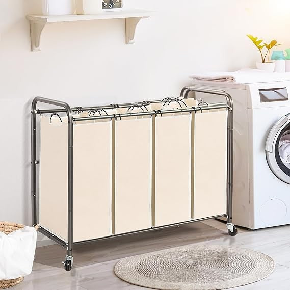 4-Bag Rolling Laundry Sorter Cart with Lockable Wheels & Removable Bags Beige