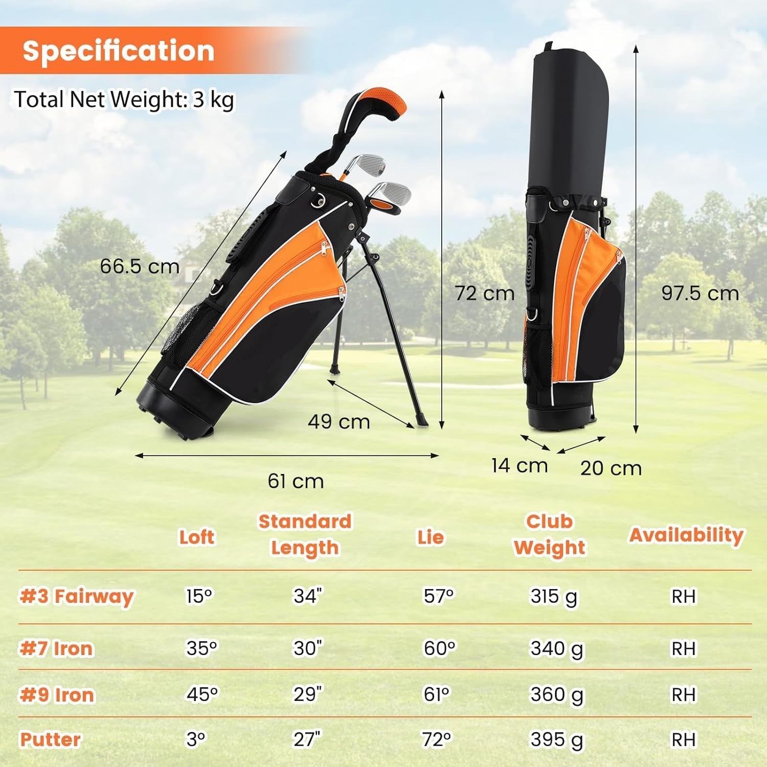 Junior Golf Club Set Age 8–10 Right Hand Fairway Irons Putter Stand Bag