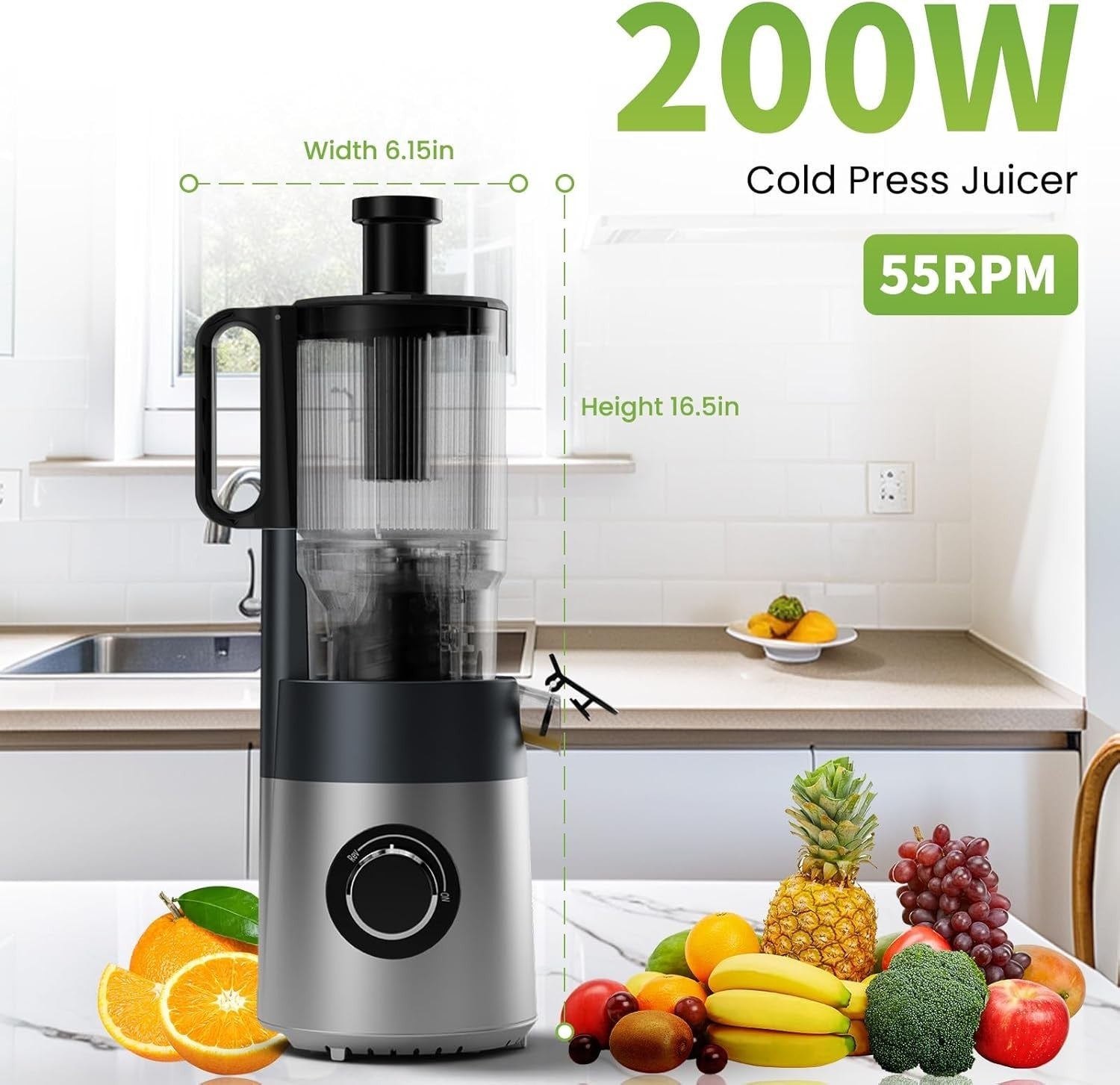 Cold Press Juicer Whole Fruit 5in Feed Chute High Juice Yield Easy Clean