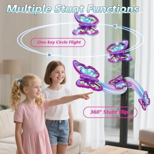 Kids Butterfly Drone RC Quadcopter with Lights, 2 Batteries & Stunts