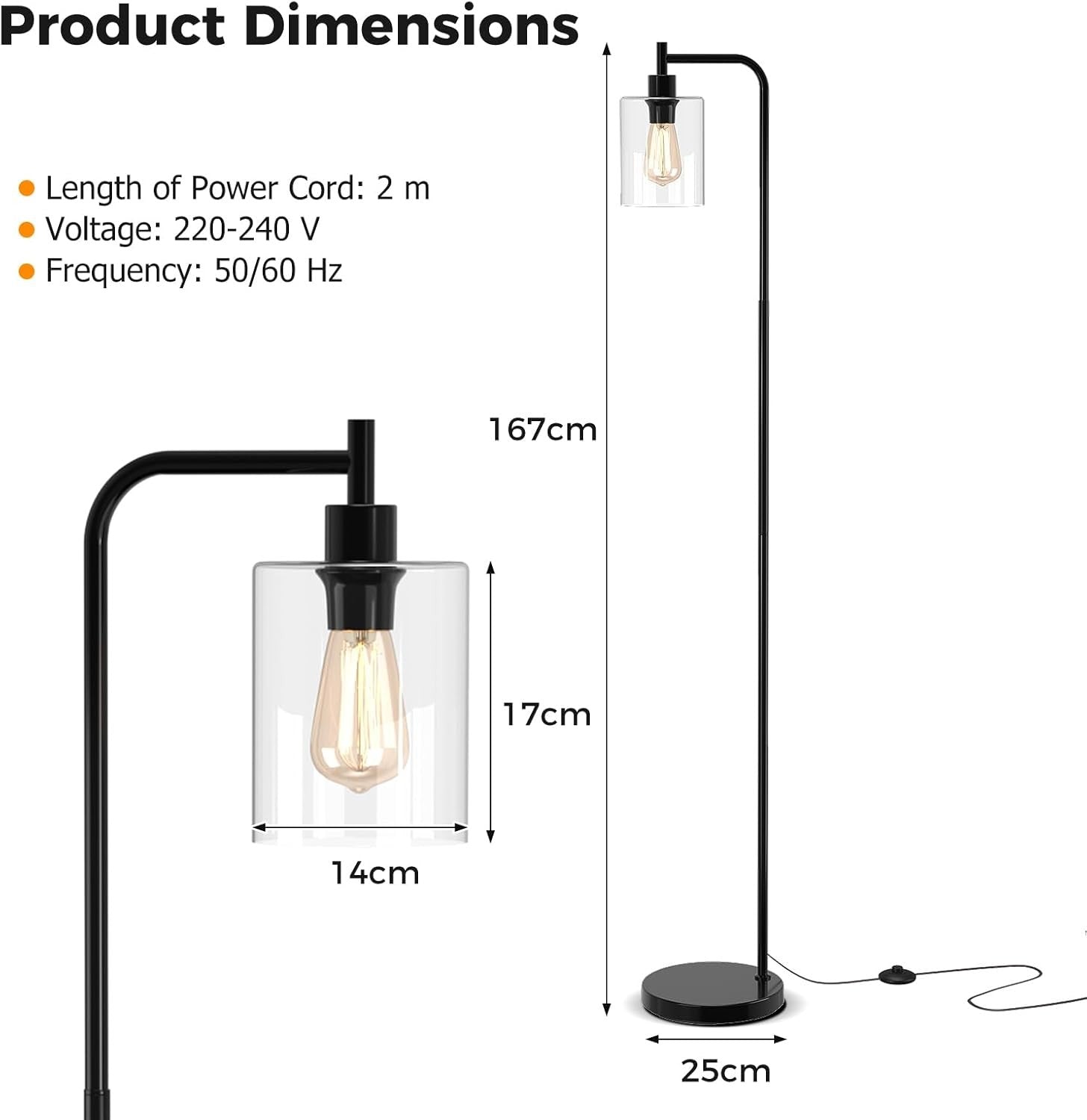 Industrial Floor Lamp Glass Shade Tall Standing Light Foot Switch E27
