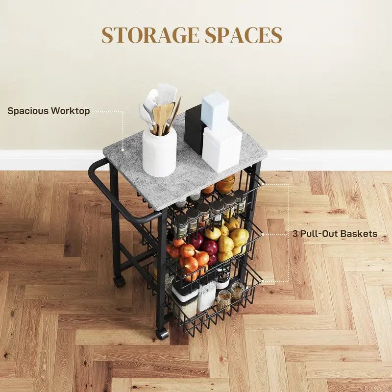 Rolling Kitchen Trolley with 5 Mesh Baskets & Marble Top – Light Grey