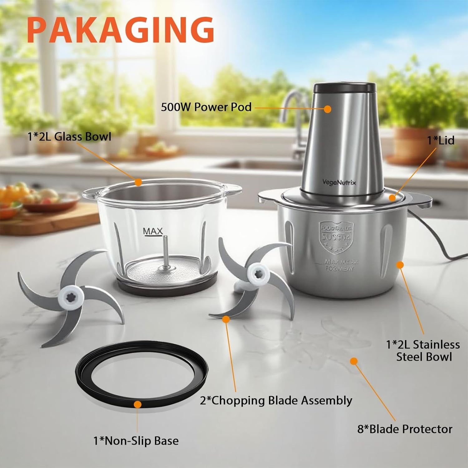 500W Food Processor Chopper Dual 2L Bowls Meat Grinder Blender
