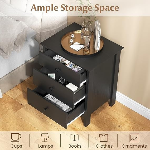 Tall Black Bedside Table with 4 Drawers – Modern Wooden Storage Cabinet Unit
