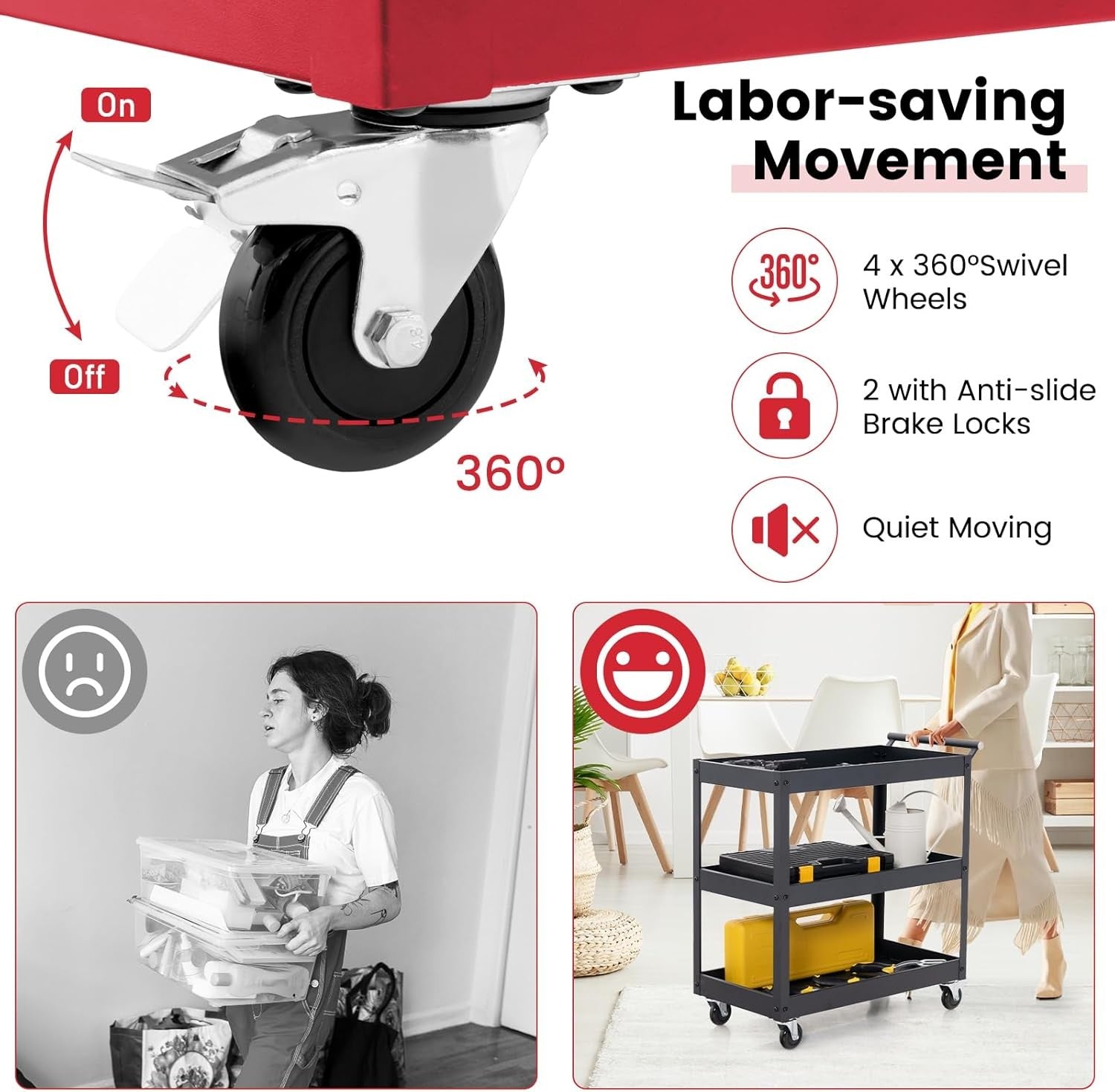 Heavy Duty Tool Trolley 3 Tier Rolling Metal Service Cart with Locking Wheels