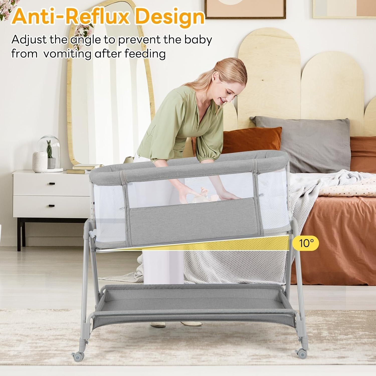 Baby Bedside Crib Adjustable Bassinet with Mattress Newborn Sleeper Grey