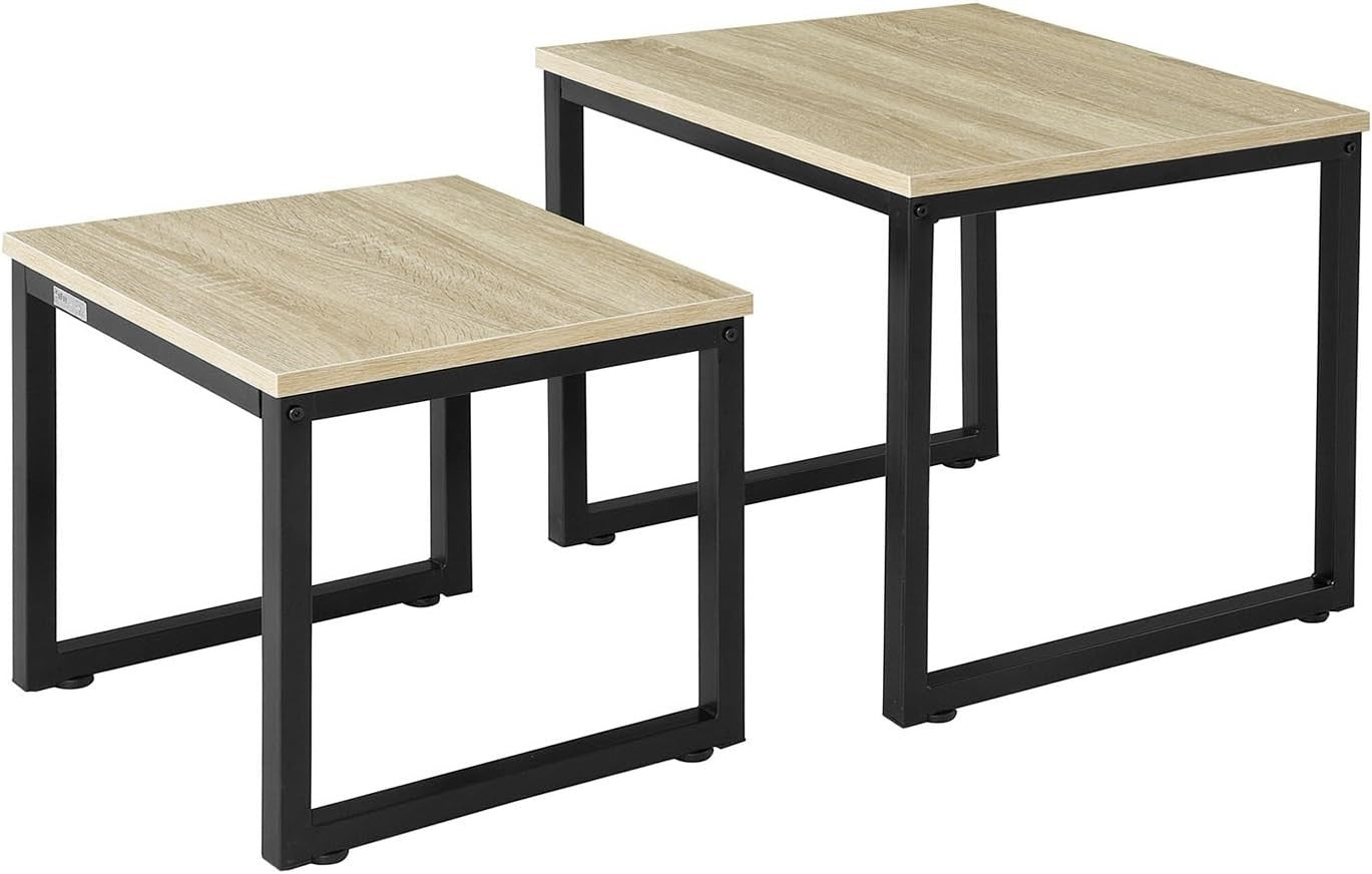 2pc Nested End Tables Natural Wood & Black Metal Frame Coffee Side Lamp Set