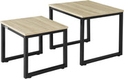 2pc Nested End Tables Natural Wood & Black Metal Frame Coffee Side Lamp Set