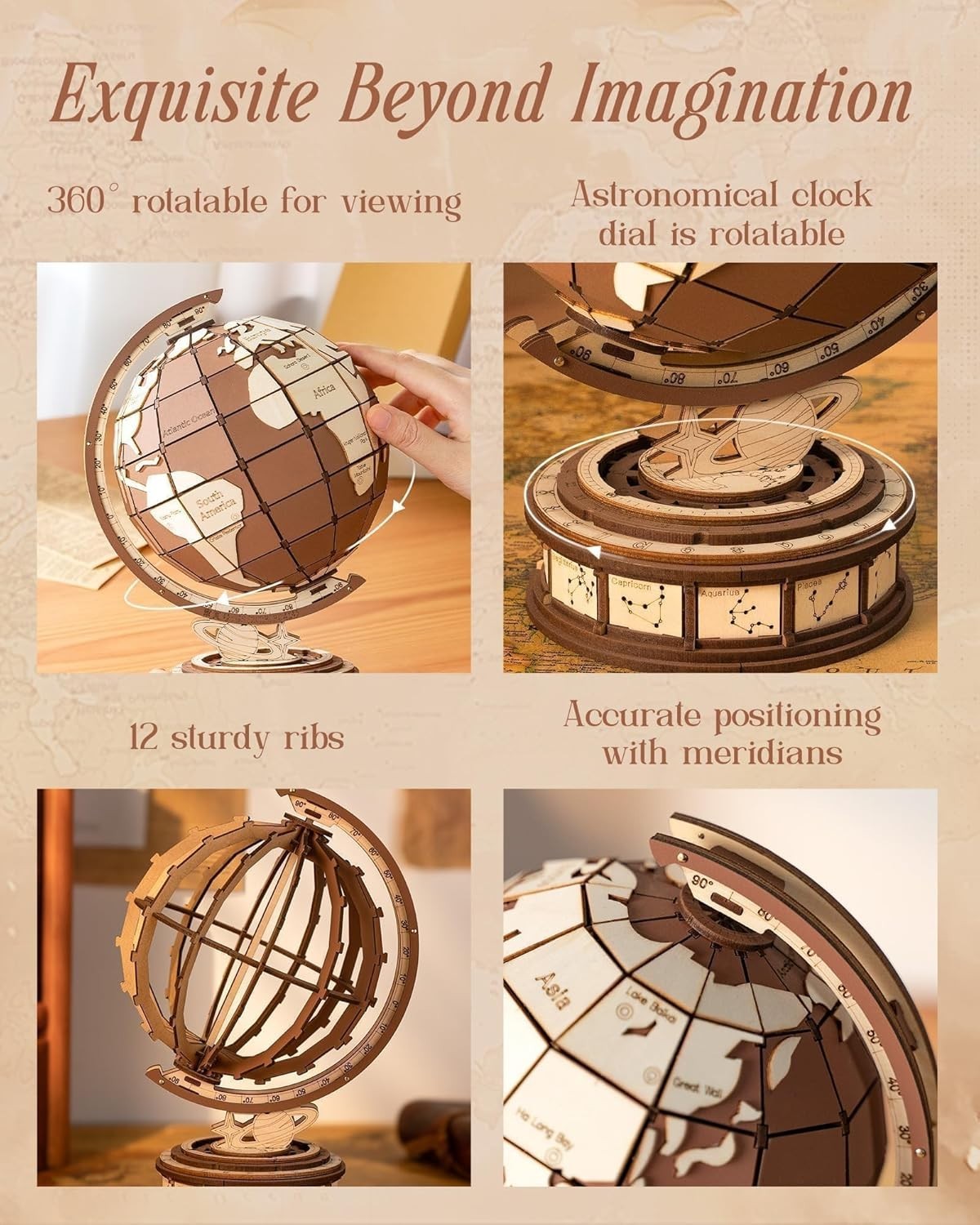 Wooden Globe 3D Puzzle Model Kit Adults Build Decor Gift Craft DIY