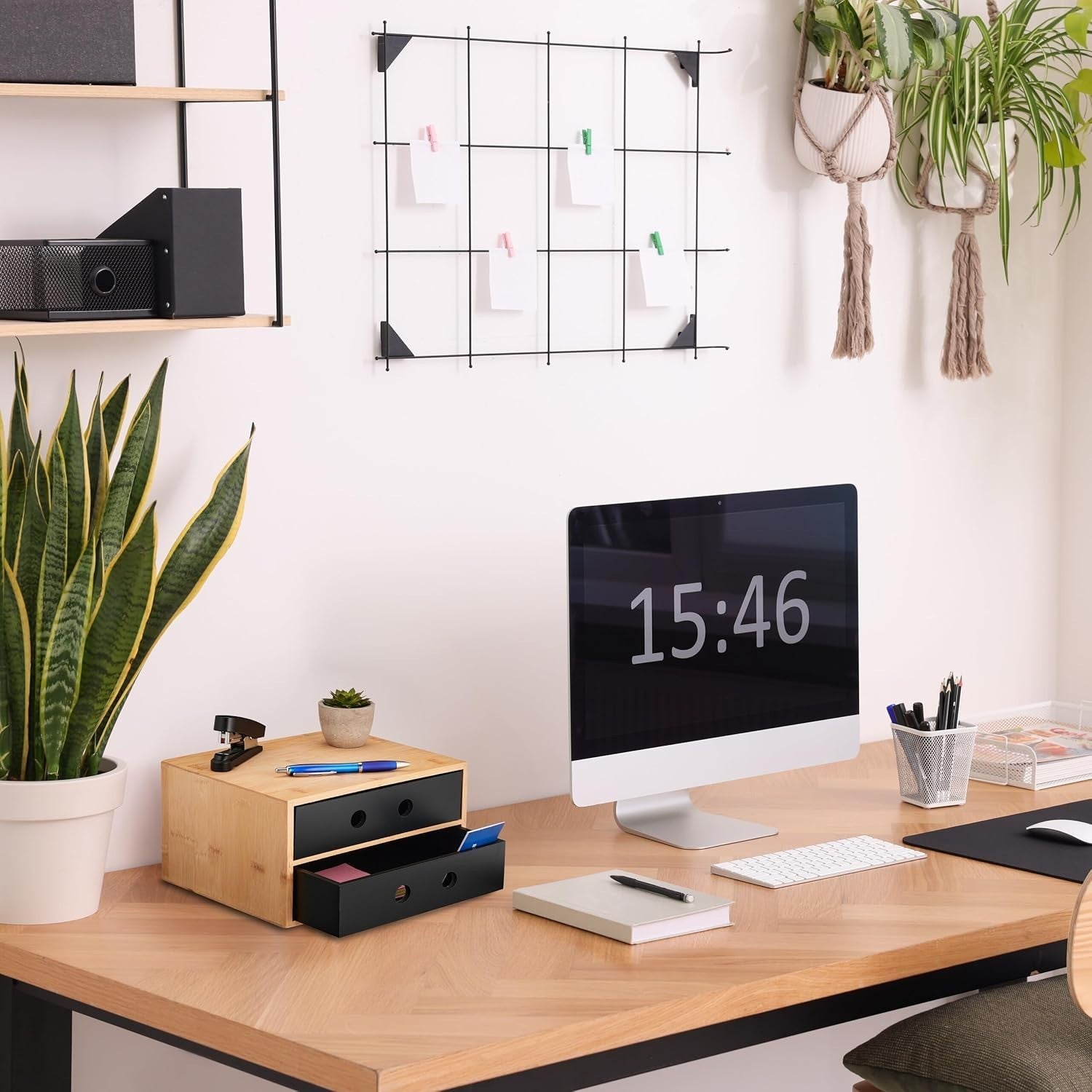 Desk Organiser with 2 Drawers Bamboo Storage Box for Office & Home