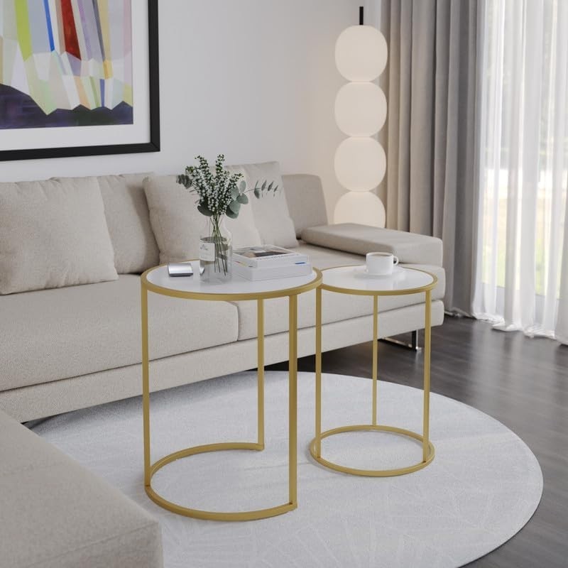 Set of 2 Round Nesting Coffee Tables Gold Legs Tempered Glass Metal Frame