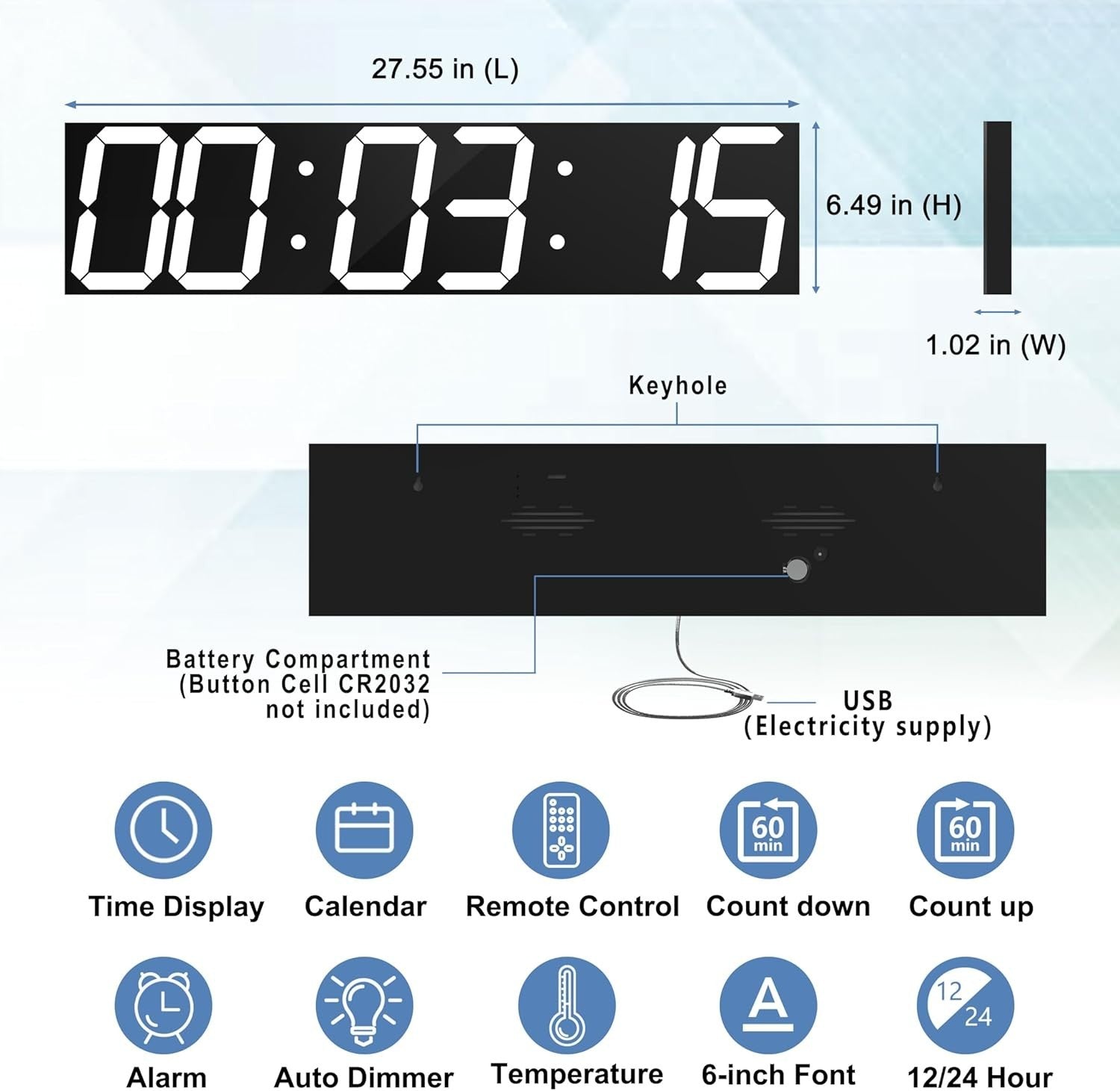 Oversized LED Wall Clock 27" Digital Timer Remote Date Temp Display white