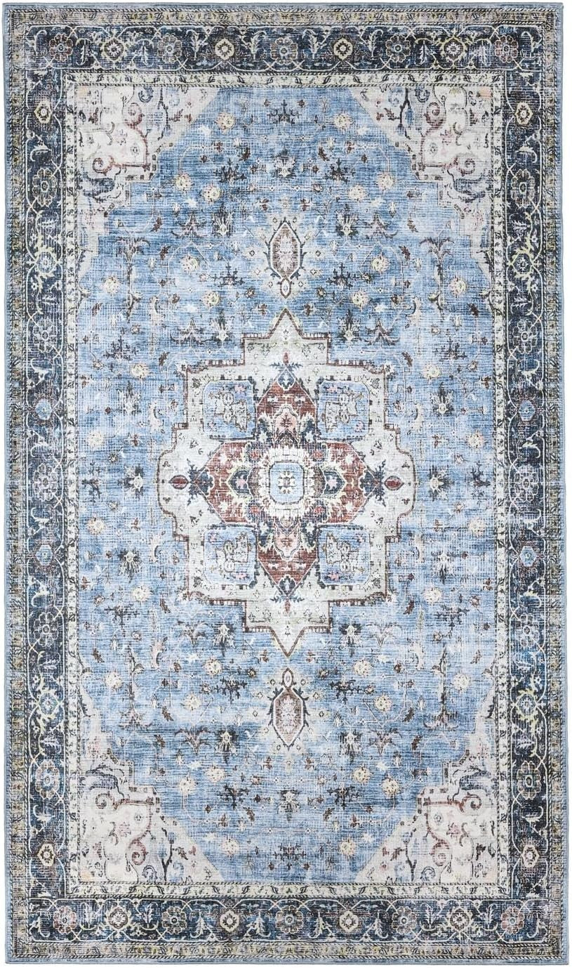 Large Oriental Area Rug 300x500cm Blue Multi Low Pile Machine Washable