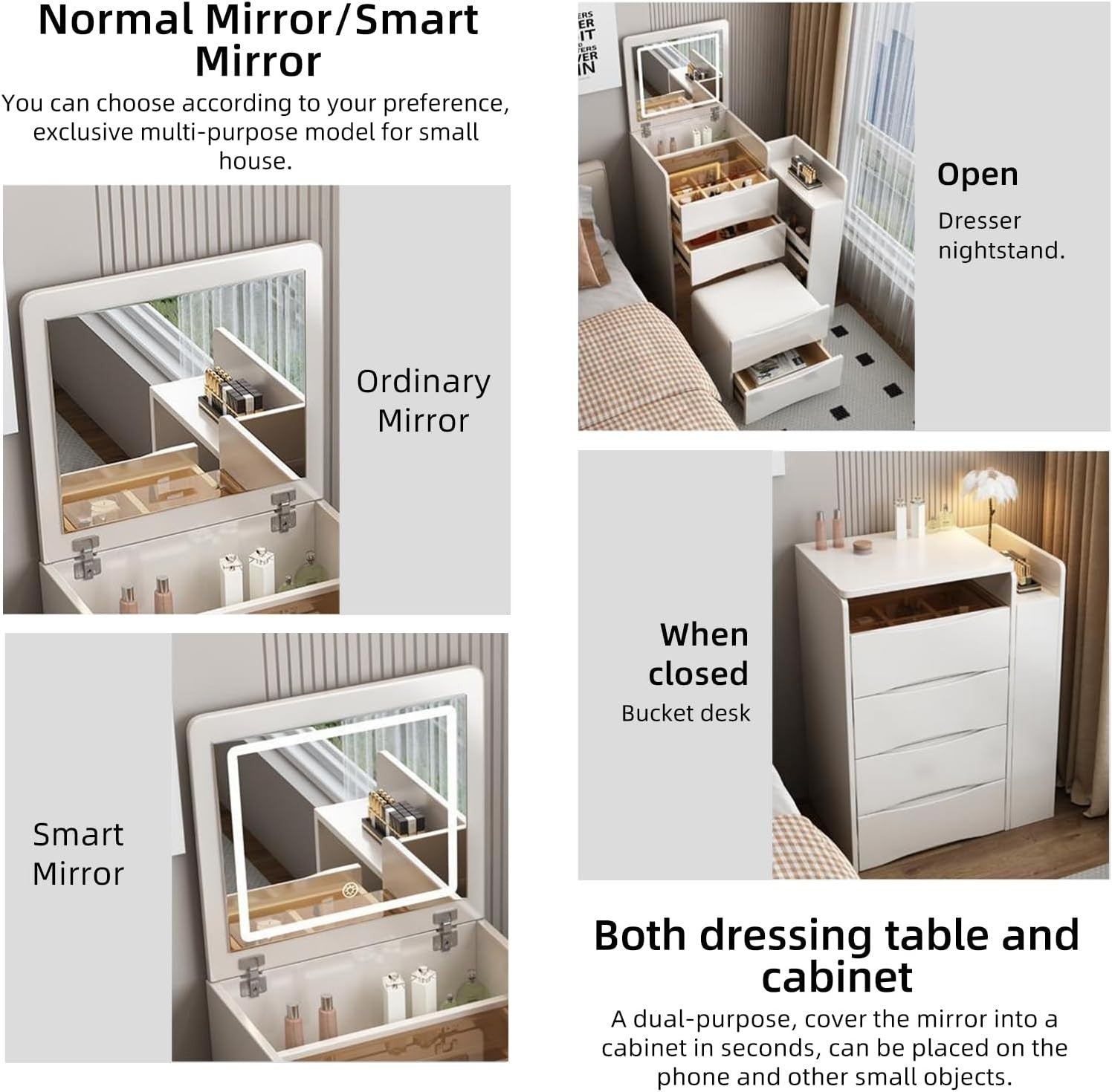 3-in-1 Vanity Desk Dressing Table Mirror LED Lights Storage Drawers White